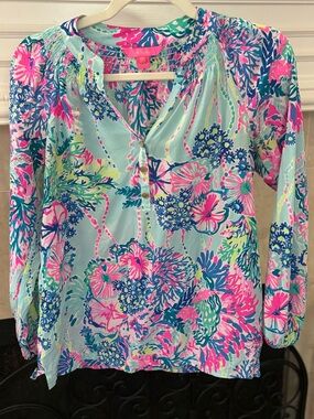Lilly Pulitzer Floral Print Long-Sleeve Tunic Top - Mint & Pink